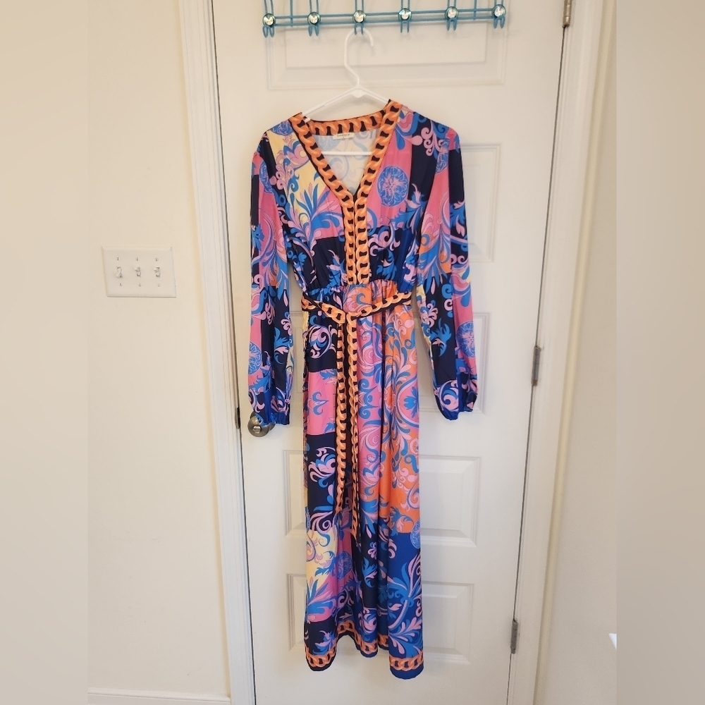Womens Long Sleeve Multicolor V Neck Maxi Dress Size M Sunday Up #V501